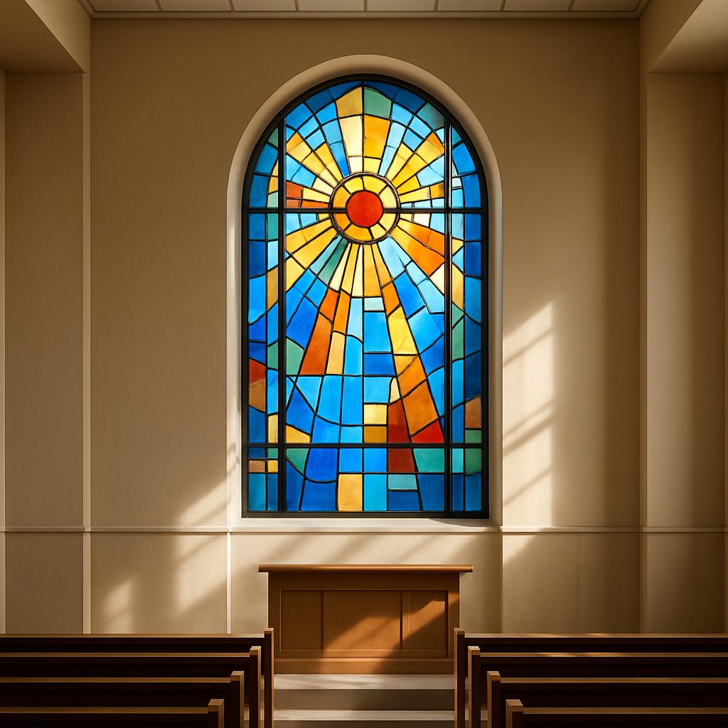 An arched stained-glass window in a large room, enclosed between white walled sidewalls. The window stands in a white-fram...
